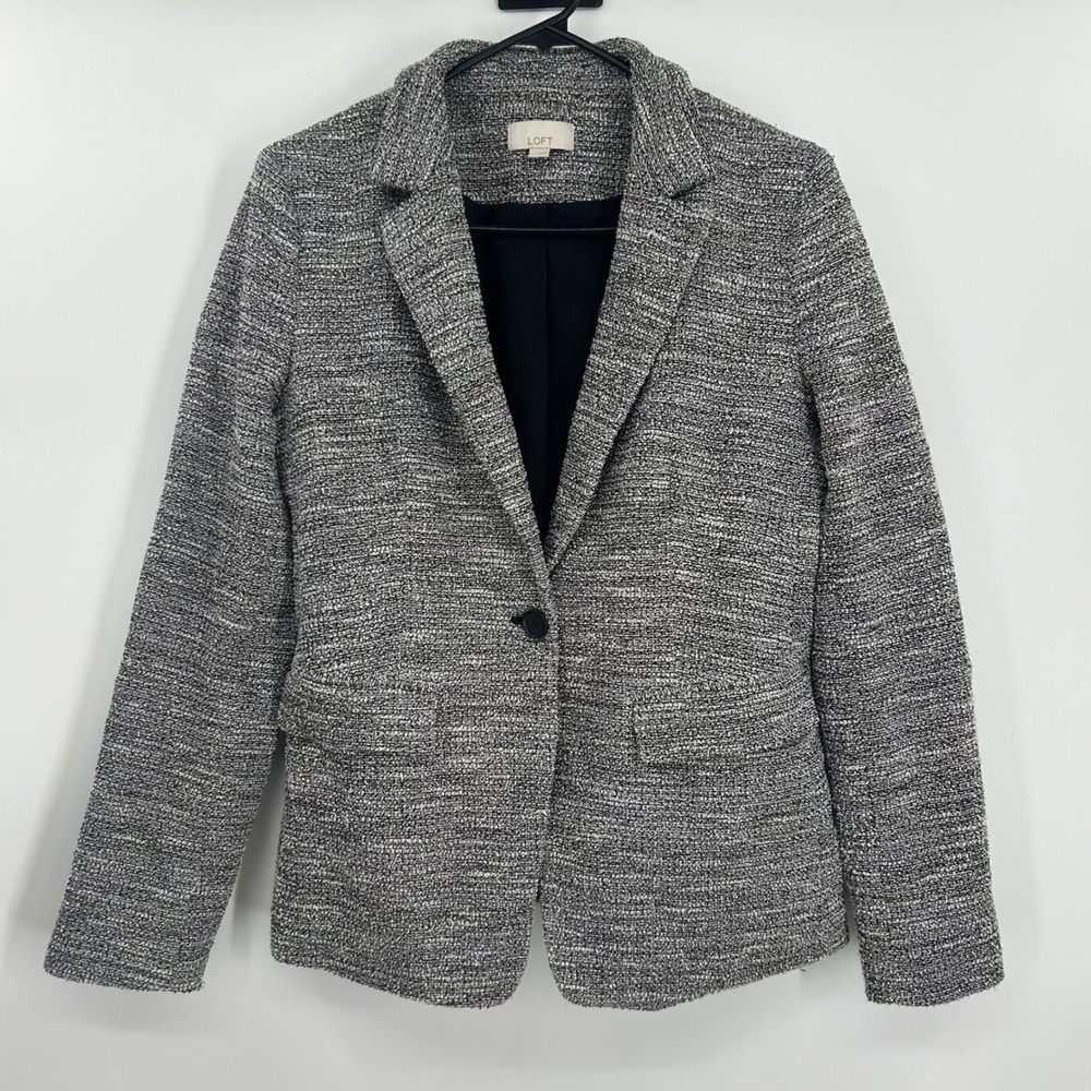 LOFT Womens Black White Textured Boucle One Button Blazer Jacket Size 8 483083